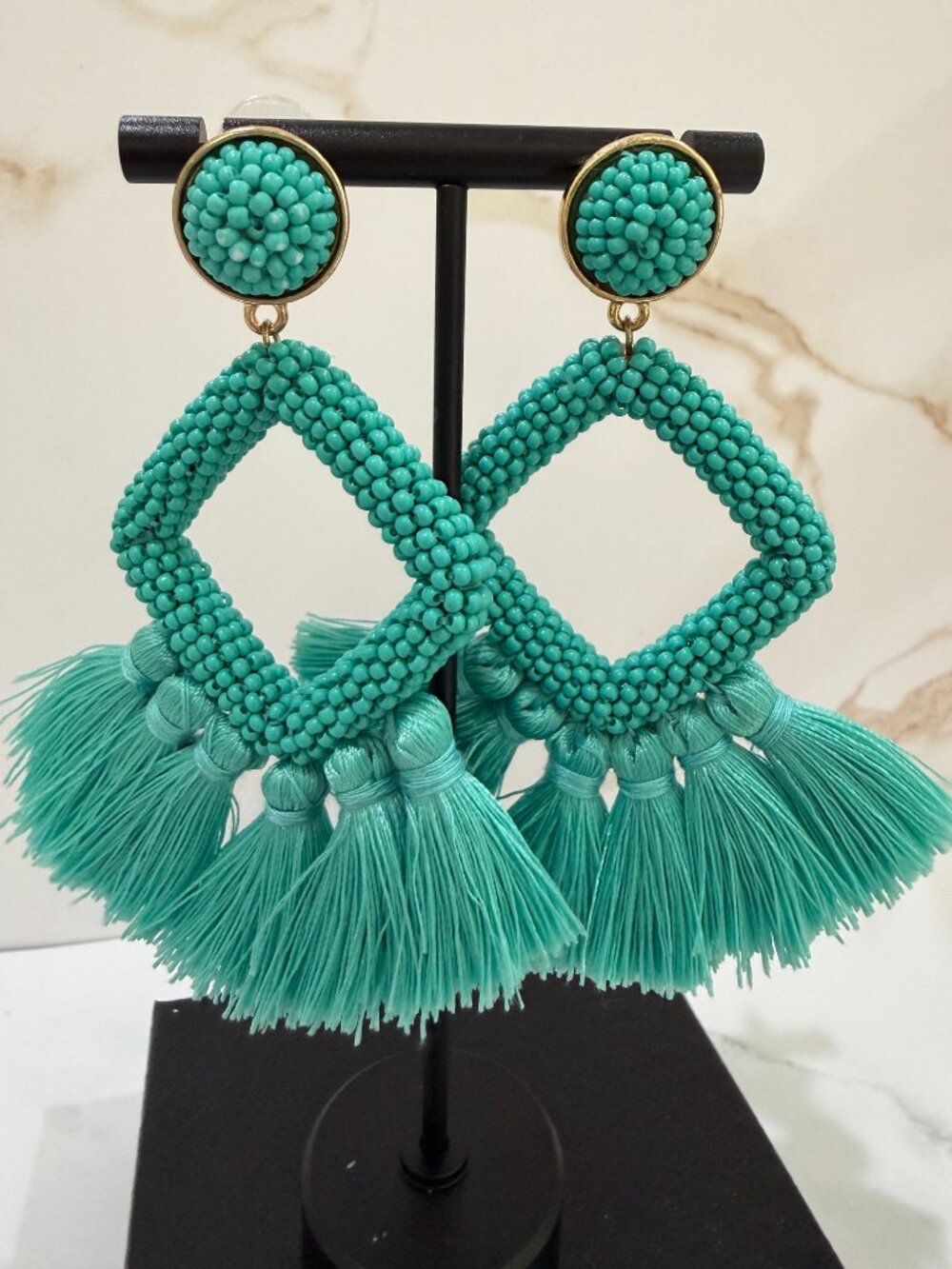 Turquoise Green Seed Bead Diamond Hoop Fan Tassel Drop Earrings Pierced
